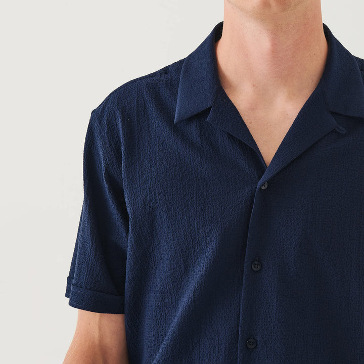 Navy Seersucker Textured Cotton-Stretch Resort Shirt - Patrick Assaraf - Boutique Jacques International