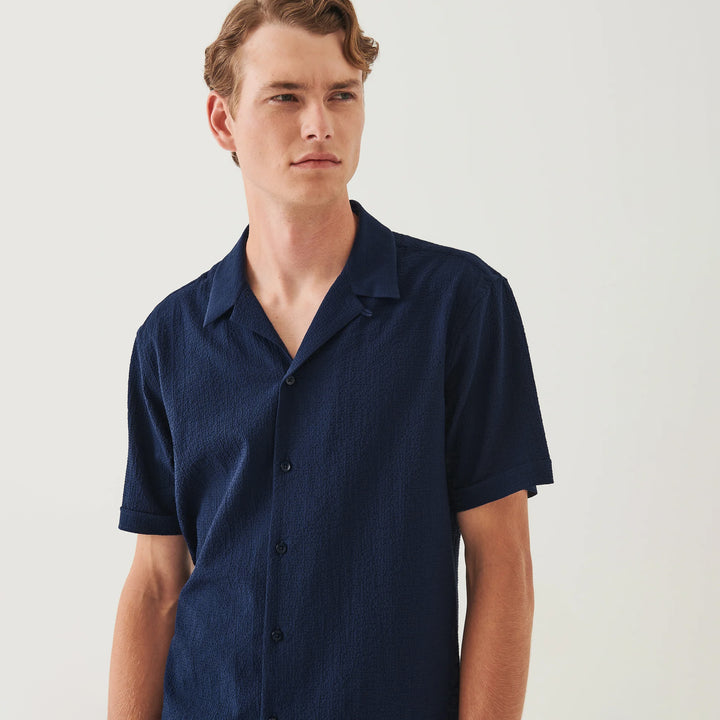 Navy Seersucker Textured Cotton-Stretch Resort Shirt - Patrick Assaraf - Boutique Jacques International