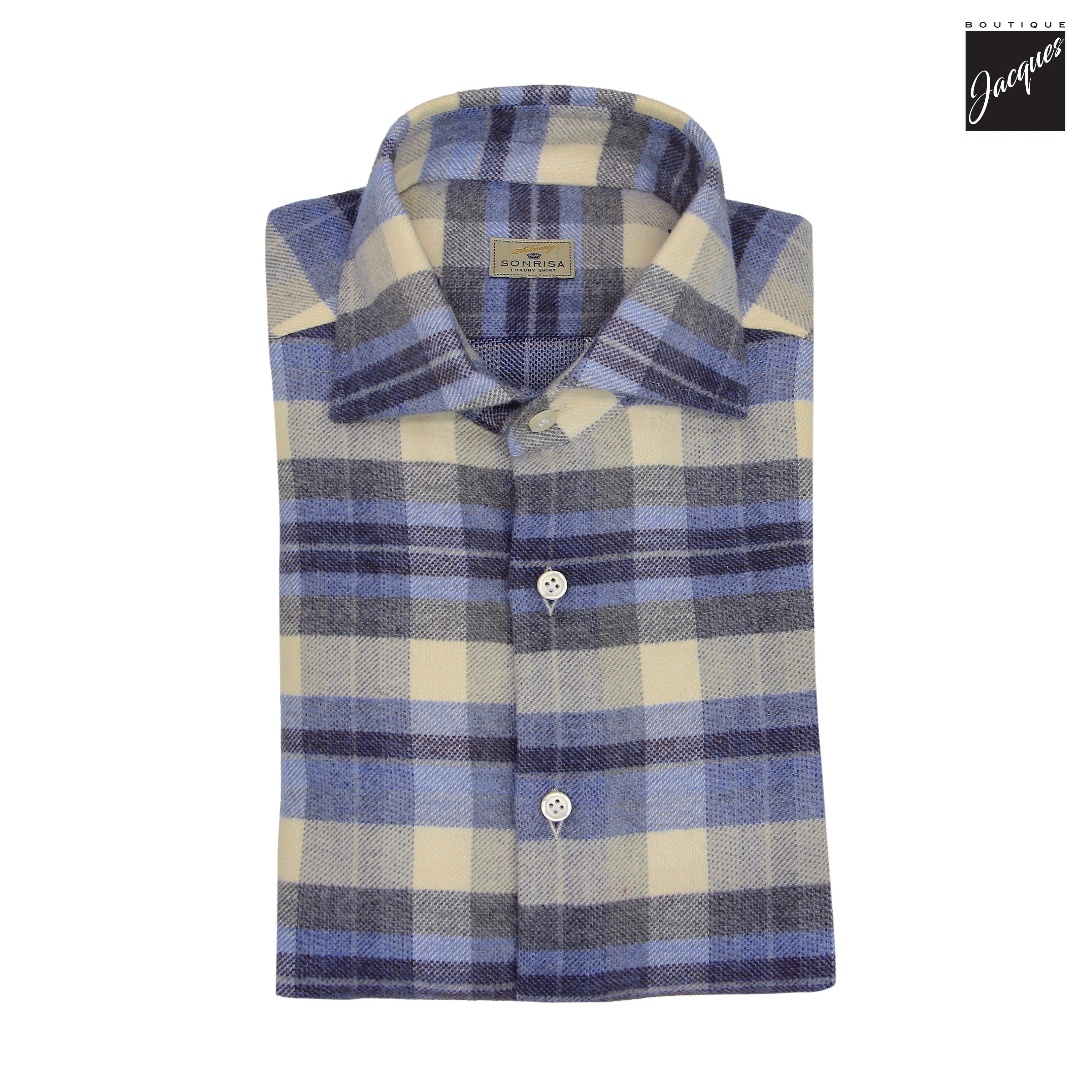 Chemise décontractée en flanelle de coton pelucheux à carreaux bleu et crème - SONRISA