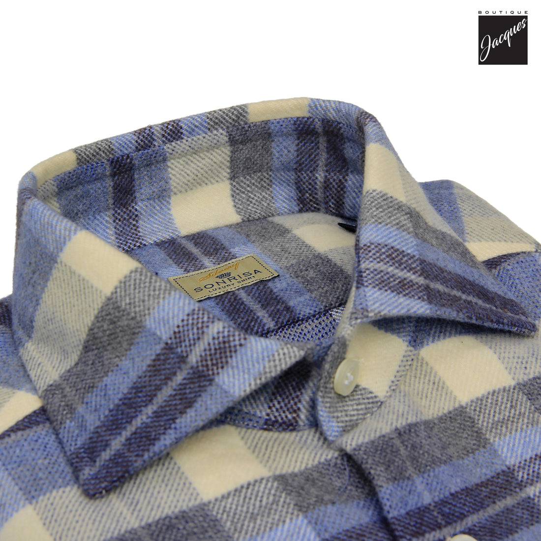 Chemise décontractée en flanelle de coton pelucheux à carreaux bleu et crème - SONRISA