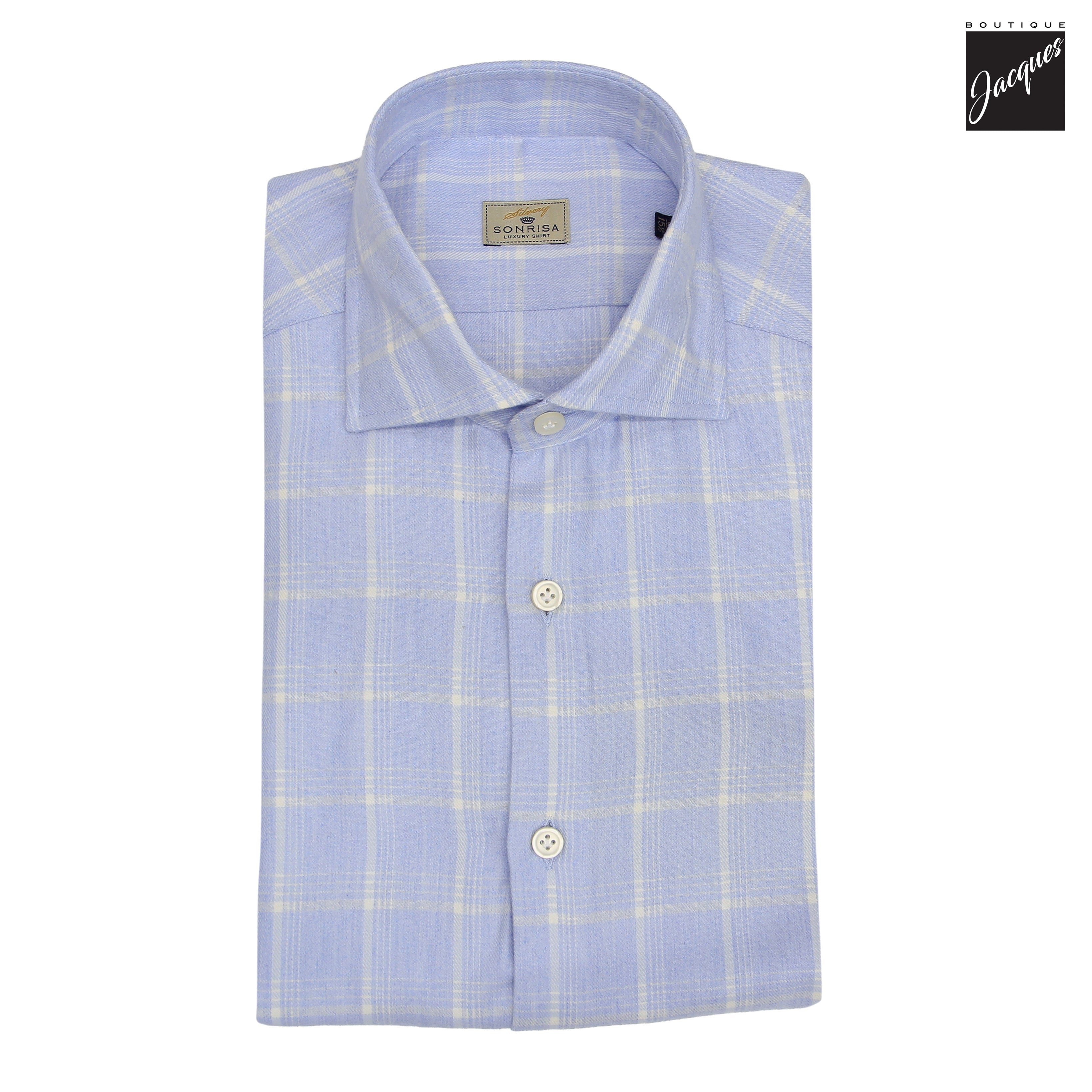 Light Blue Checked Cotton-Lyocell Flannel Shirt - SONRISA