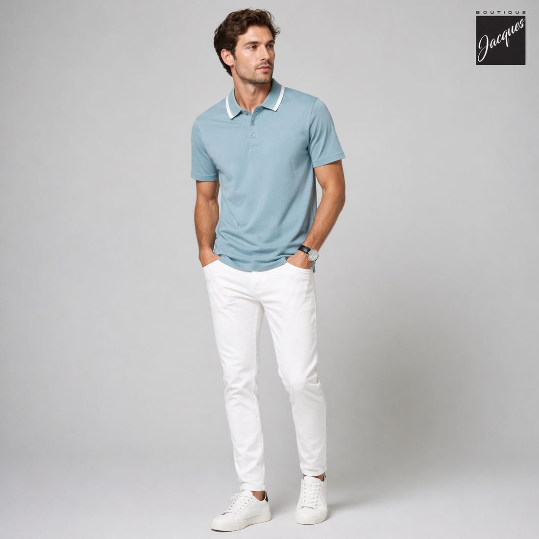 Blizzard Blue Mercerized Pima Cotton Short Sleeve Polo Shirt w/ Trim - Patrick Assaraf - Boutique Jacques International