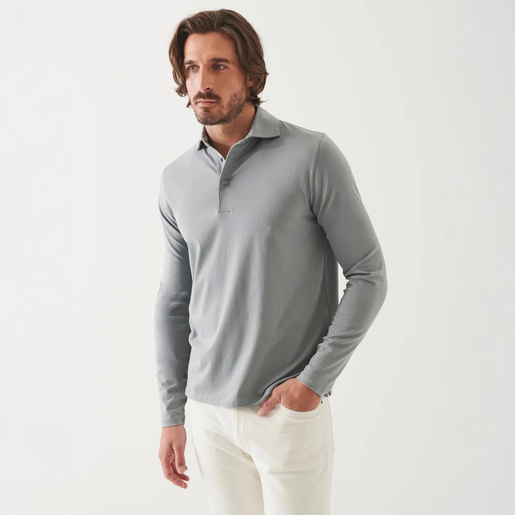 Gray Mist Mélange Long Sleeve Iconic Pima Stretch Polo - Patrick Assaraf