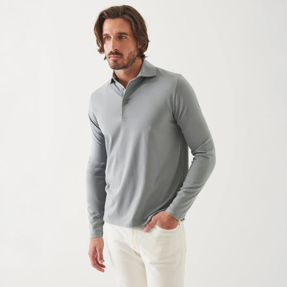 Gray Mist Mélange Long Sleeve Iconic Pima Stretch Polo - Patrick Assaraf