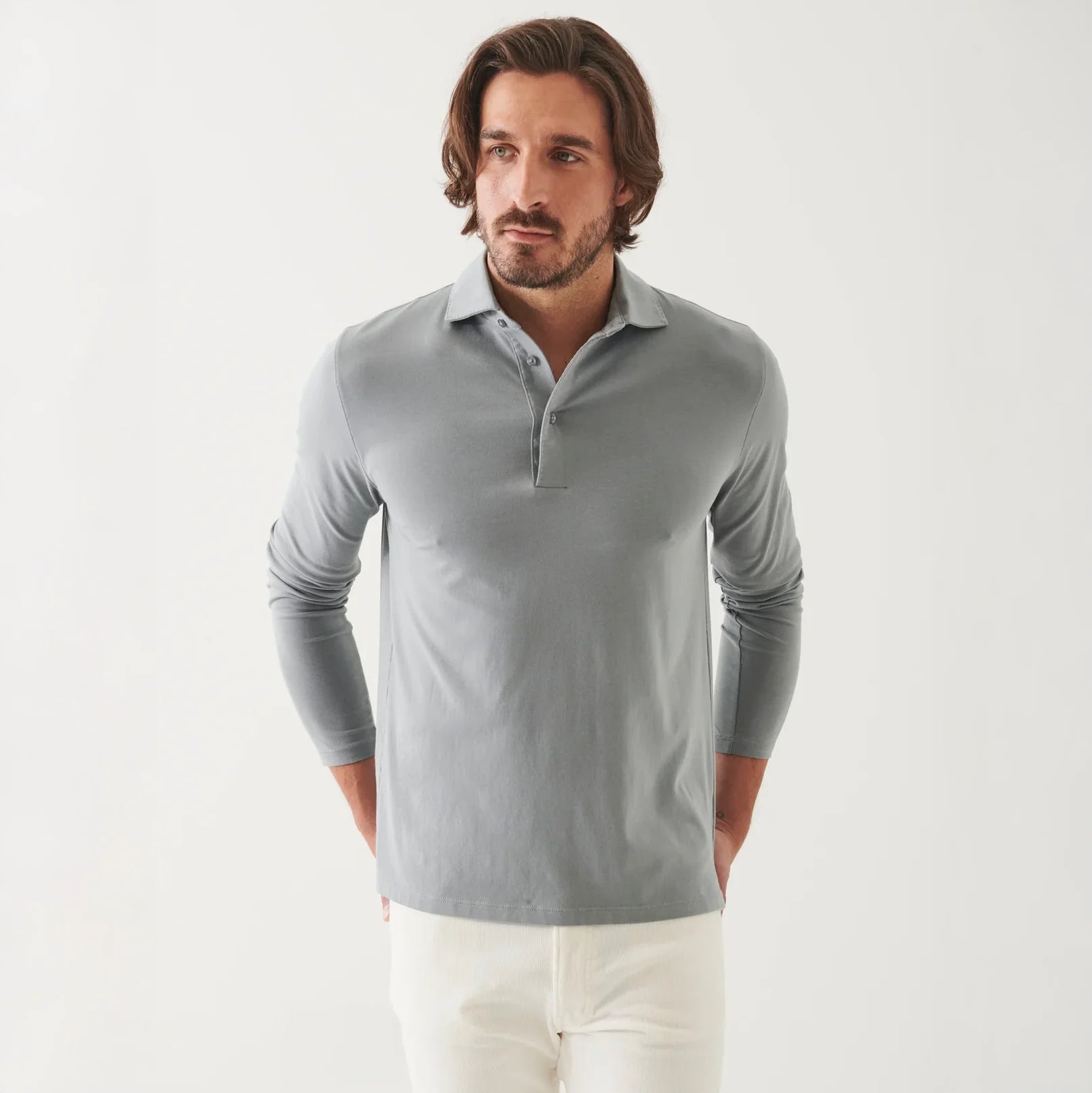 Gray Mist Mélange Long Sleeve Iconic Pima Stretch Polo - Patrick Assaraf