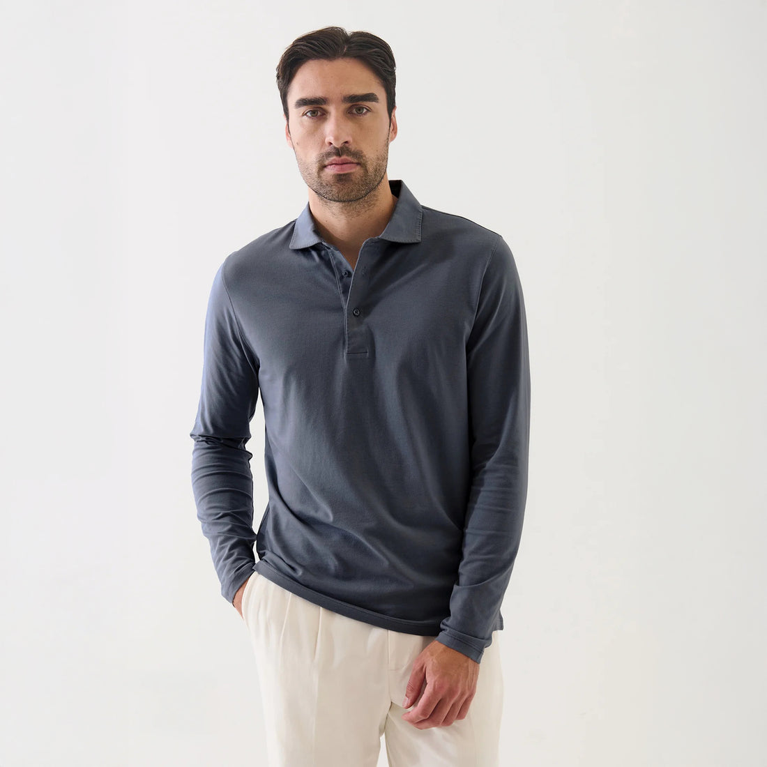 Slate Gray Long Sleeve Pima Polo - Patrick Assaraf