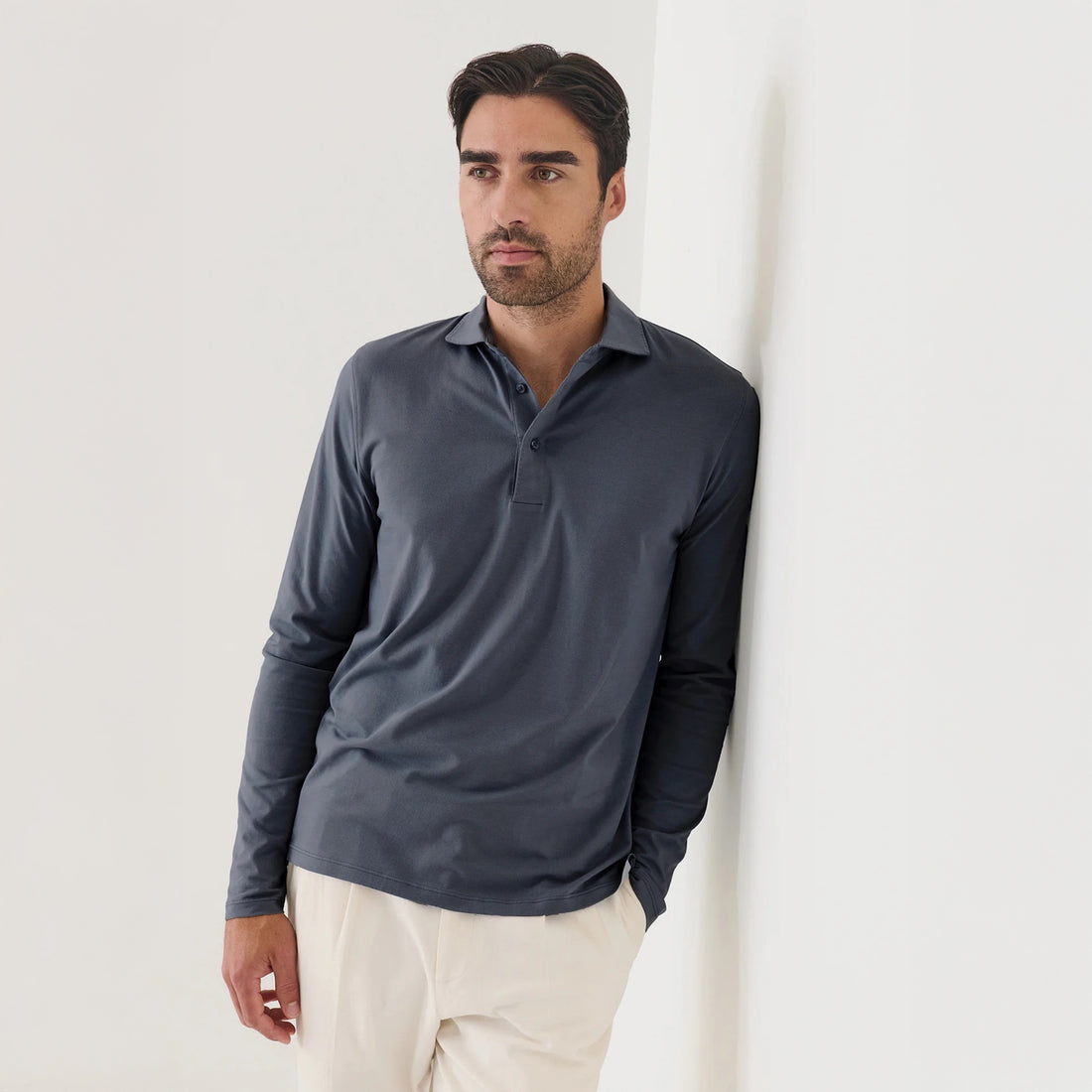 Slate Gray Long Sleeve Pima Polo - Patrick Assaraf