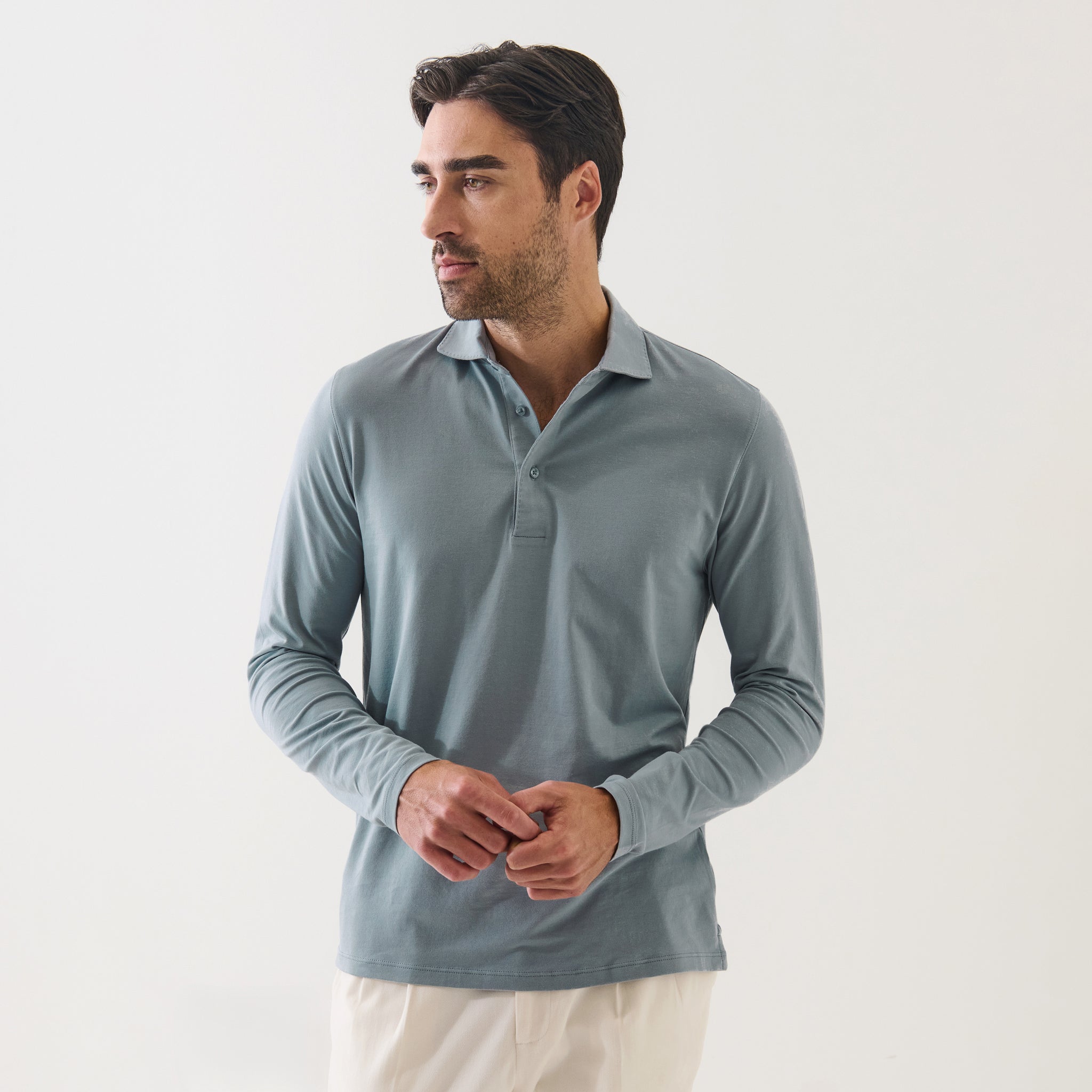 Seafoam Blue Iconic Pima Cotton Stretch Long Sleeve Polo - Patrick Assaraf