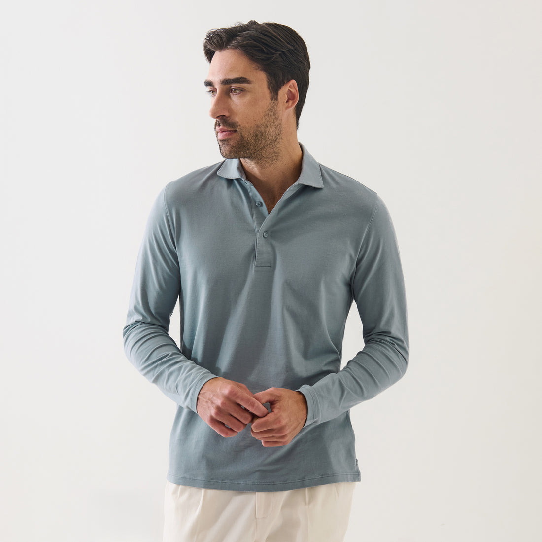 Seafoam Blue Iconic Pima Cotton Stretch Long Sleeve Polo - Patrick Assaraf