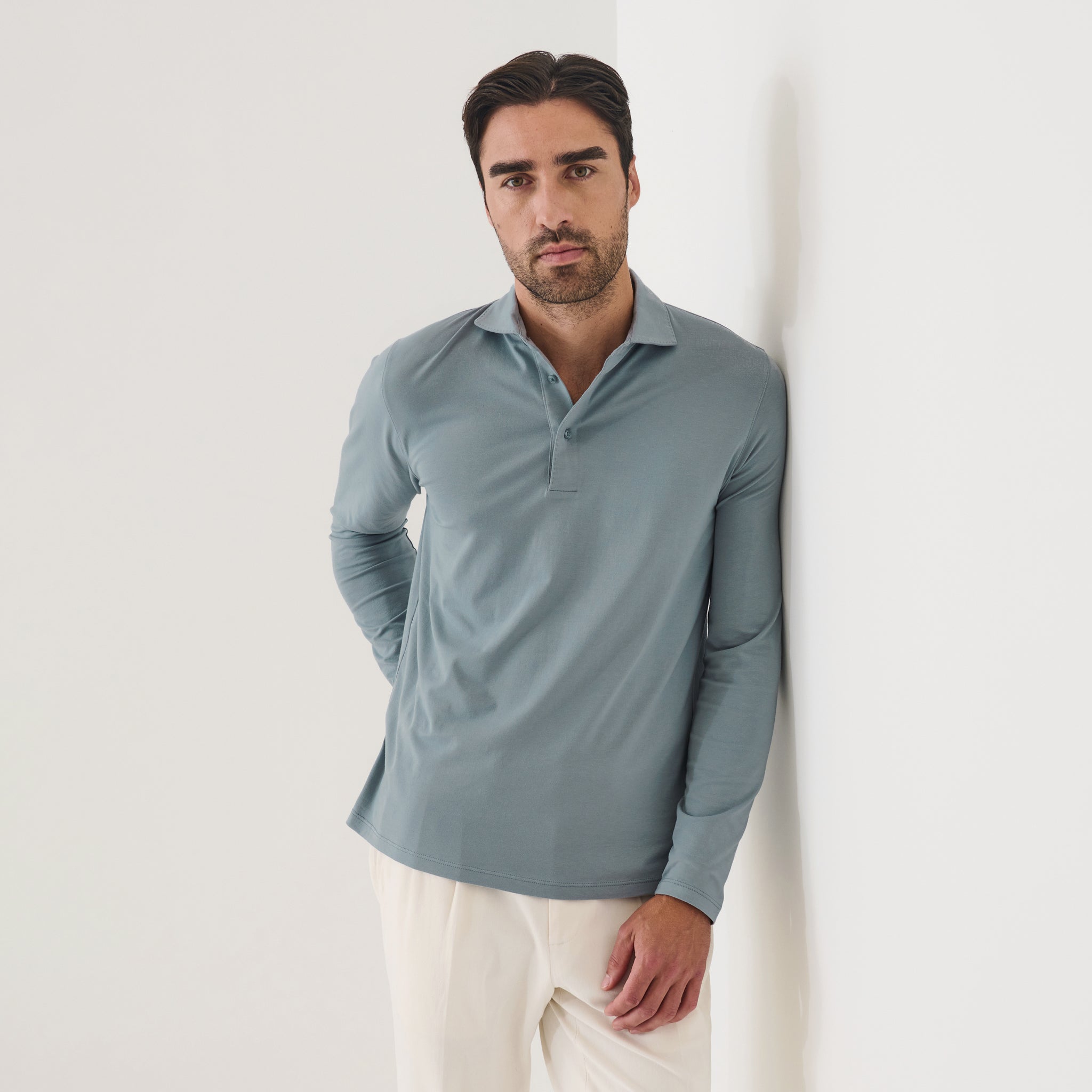 Seafoam Blue Iconic Pima Cotton Stretch Long Sleeve Polo - Patrick Assaraf
