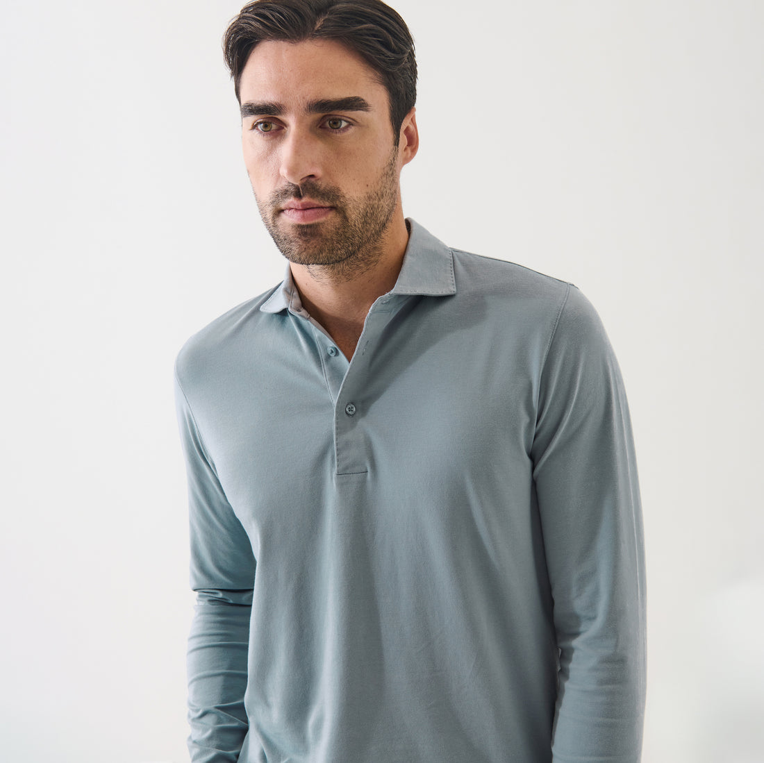 Seafoam Blue Iconic Pima Cotton Stretch Long Sleeve Polo - Patrick Assaraf