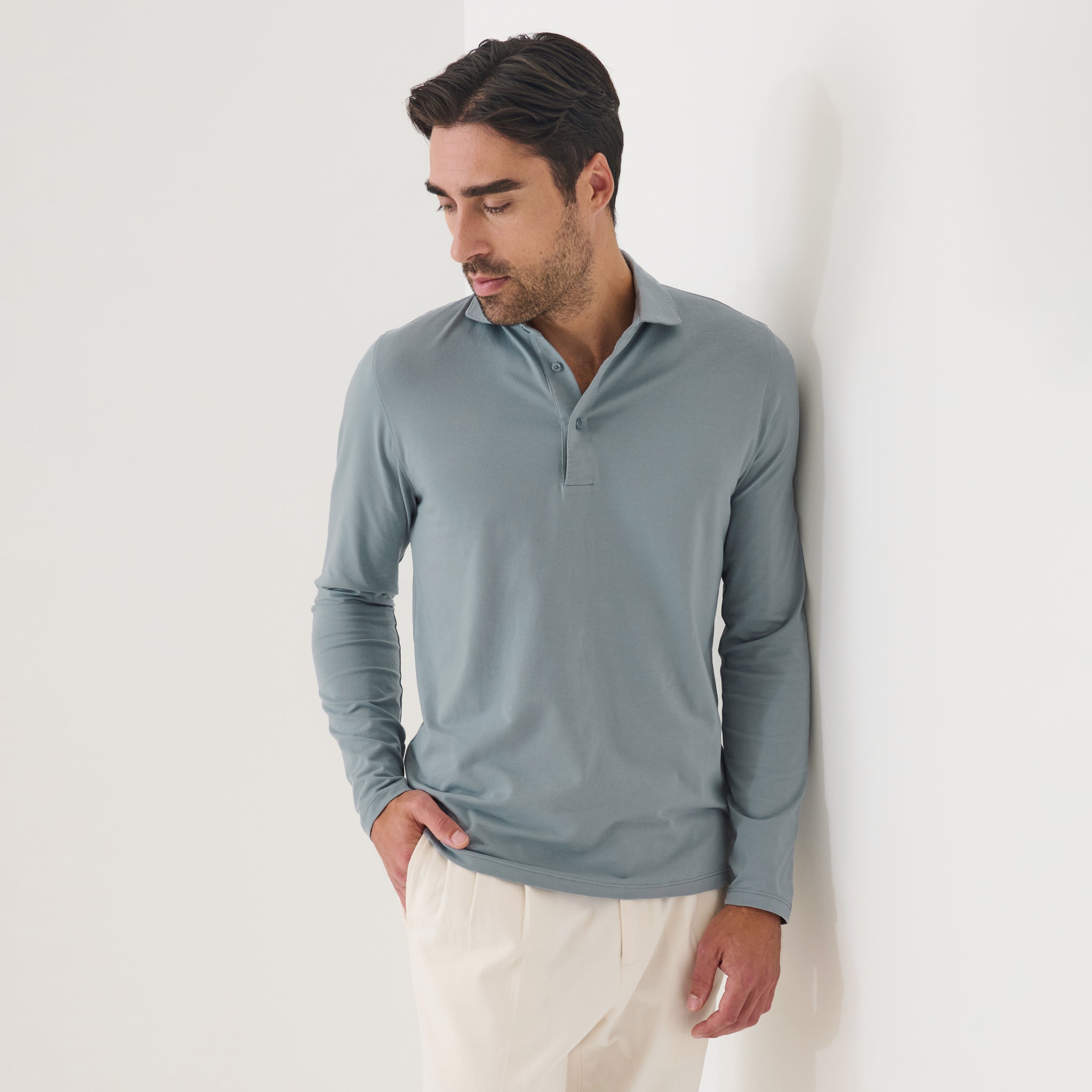 Seafoam Blue Iconic Pima Cotton Stretch Long Sleeve Polo - Patrick Assaraf