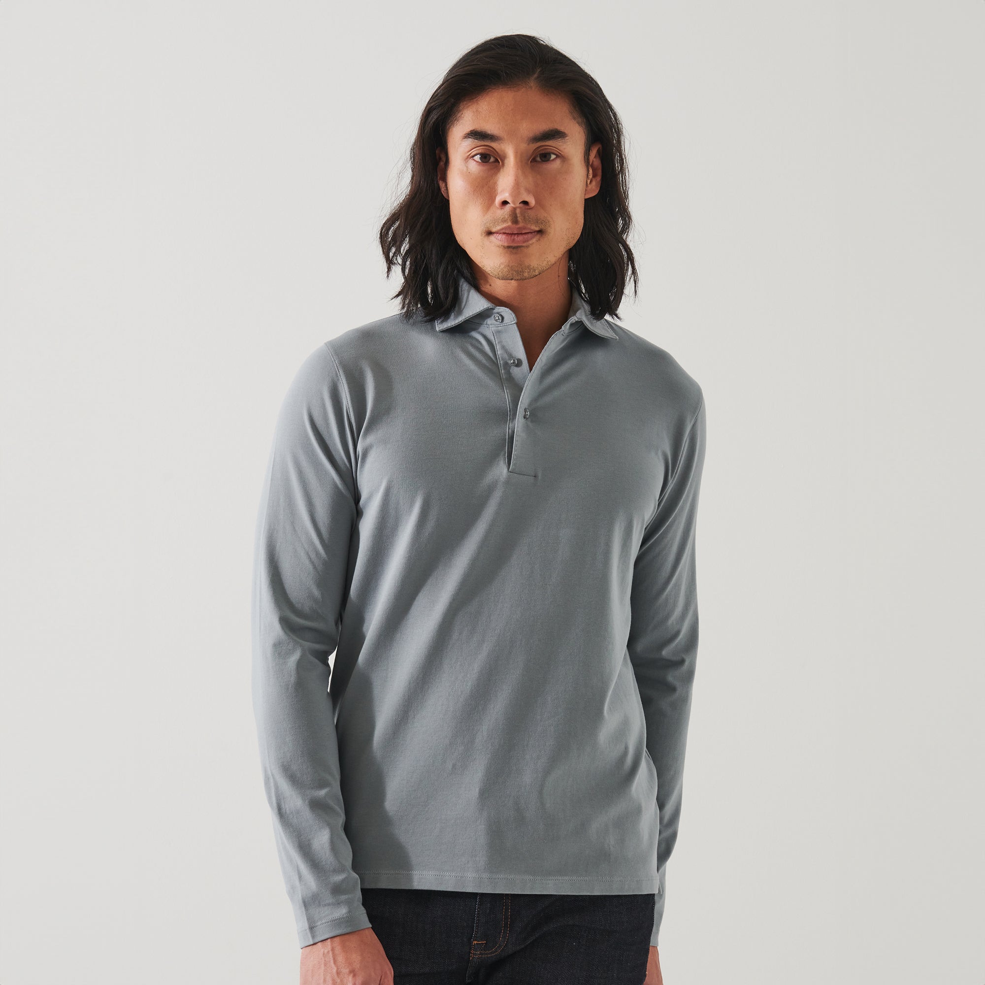 Gray Mist Mélange Long Sleeve Iconic Pima Stretch Polo - Patrick Assaraf