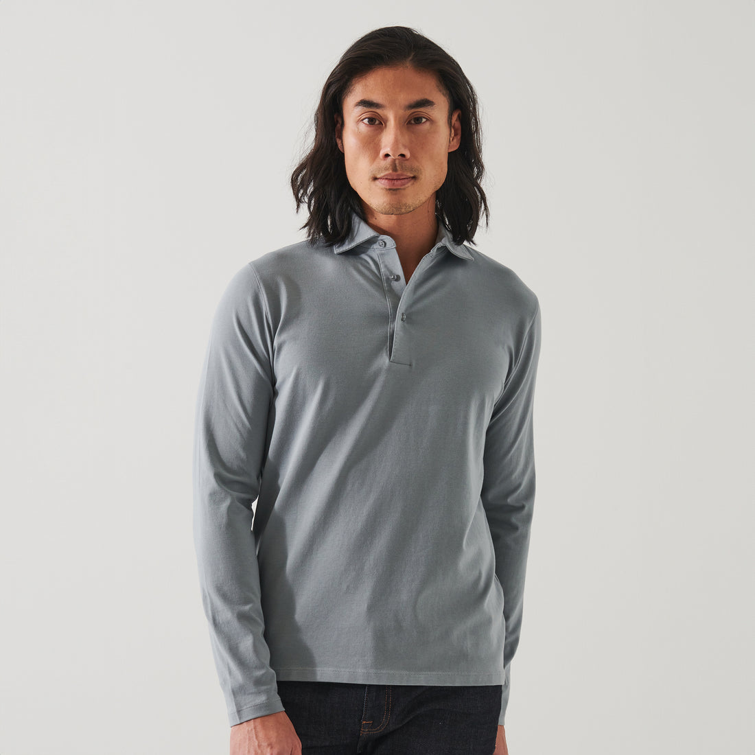 Gray Mist Mélange Long Sleeve Iconic Pima Stretch Polo - Patrick Assaraf