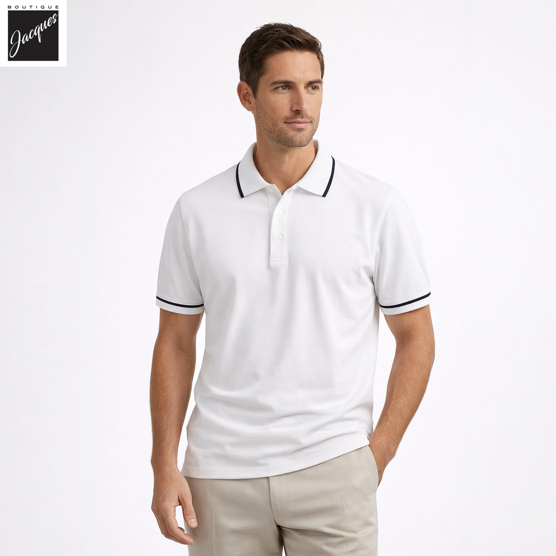 White Tipped Iconic Pima Cotton Stretch Button Polo Shirt - Patrick Assaraf - Boutique Jacques International