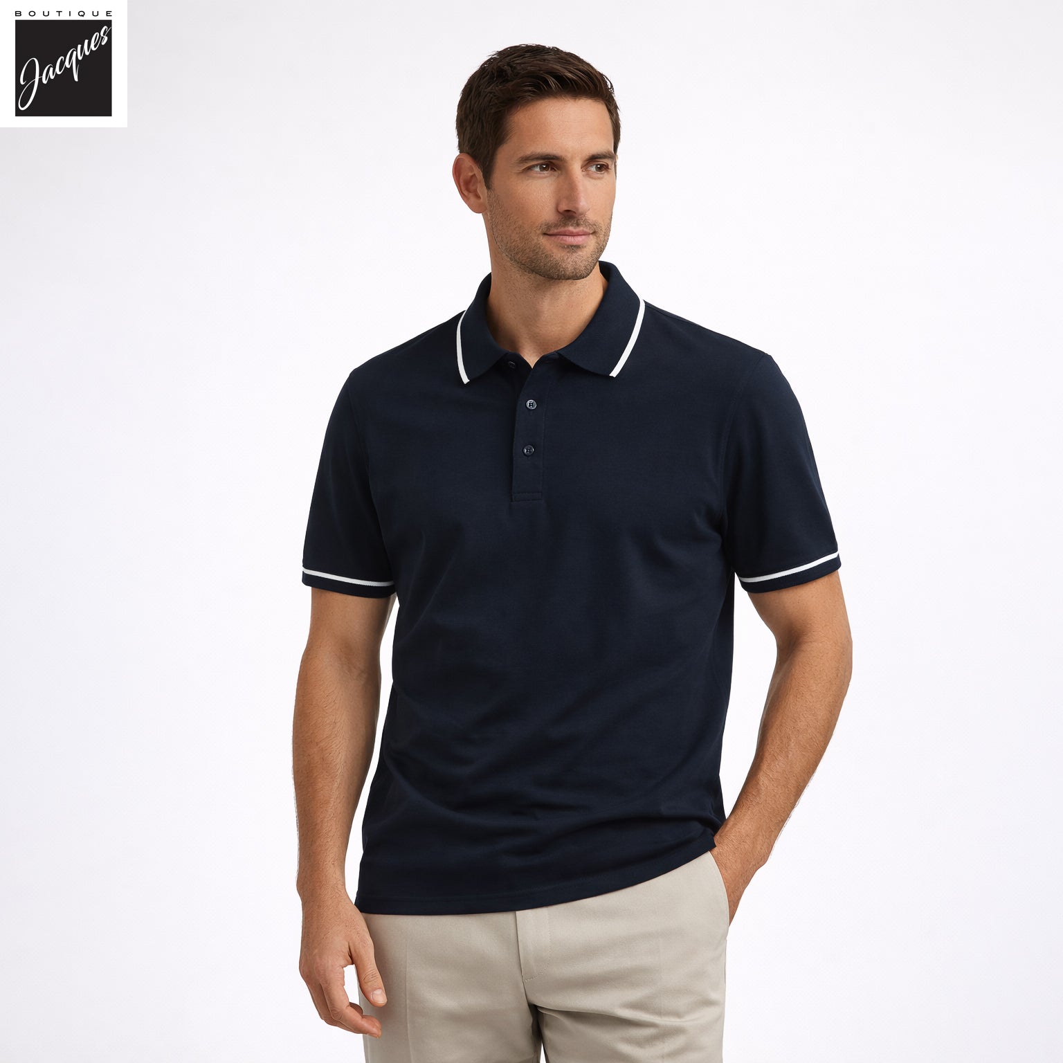 Midnight Tipped Iconic Pima Cotton Stretch Button Polo Shirt - Patrick Assaraf - Boutique Jacques International