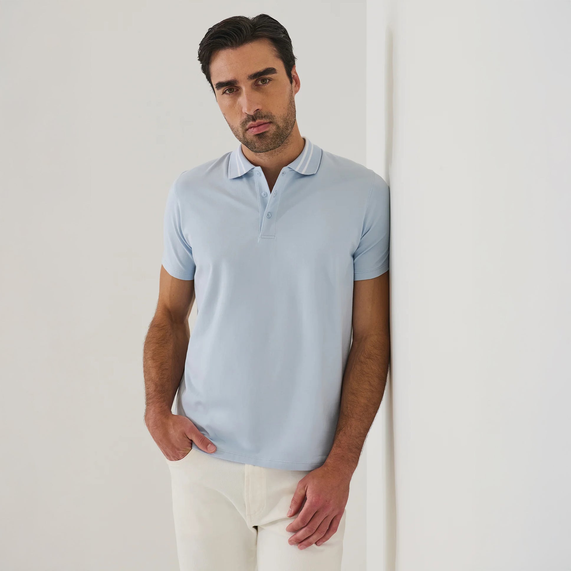 Blue Ice Tipped Iconic Pima Cotton Stretch Button Polo Shirt - Patrick Assaraf - Boutique Jacques International