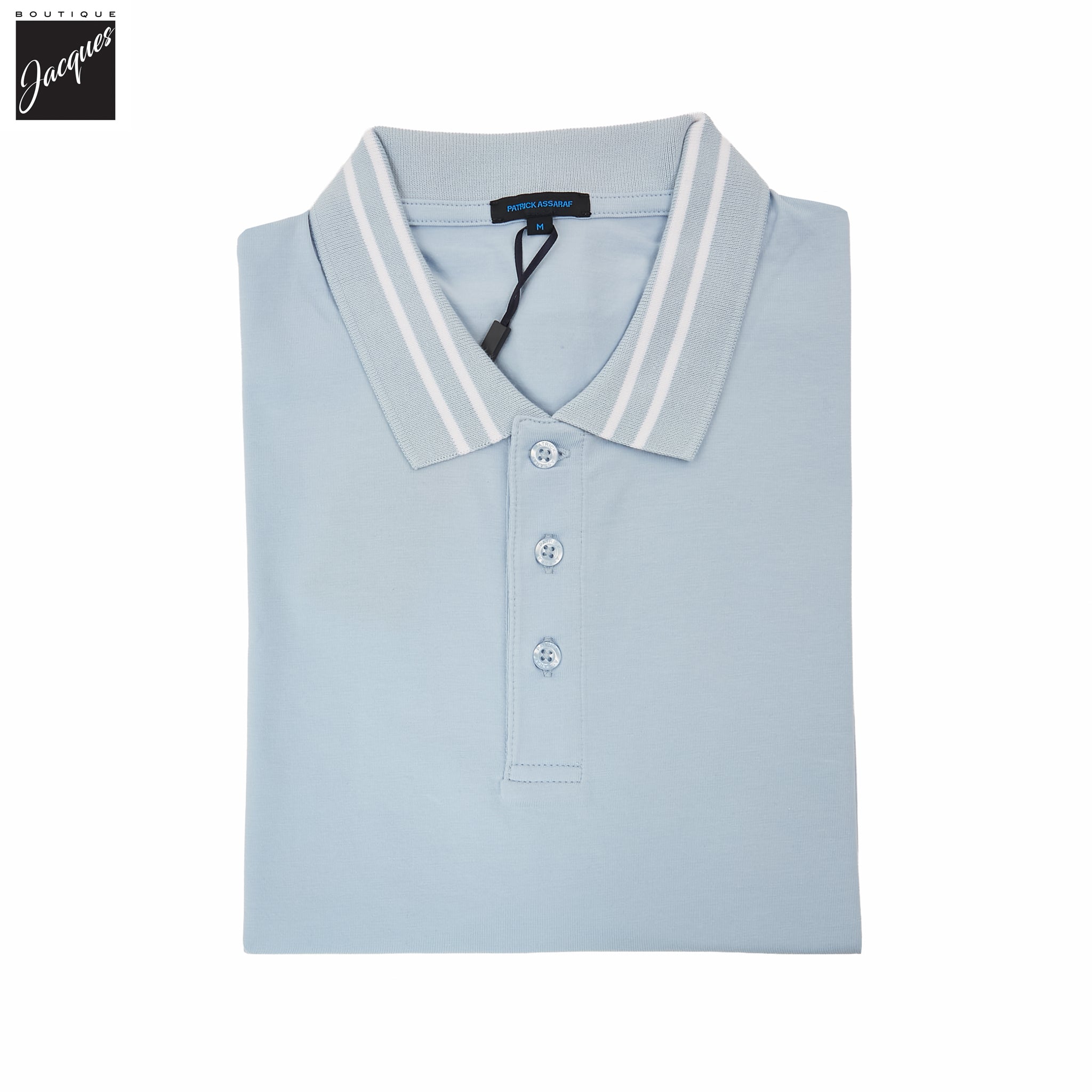Blue Ice Tipped Iconic Pima Cotton Stretch Button Polo Shirt - Patrick Assaraf - Boutique Jacques International