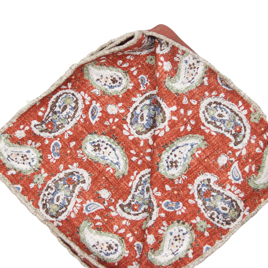 Red Paisley/Geometric Pattern Reversible Silk Hankie - Paolo Albizzati