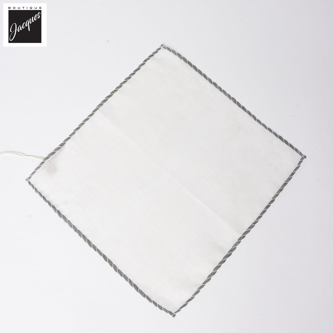 White w/ Green Contrast-Stitched Edges Linen Pocket Square - Paolo Albizzati