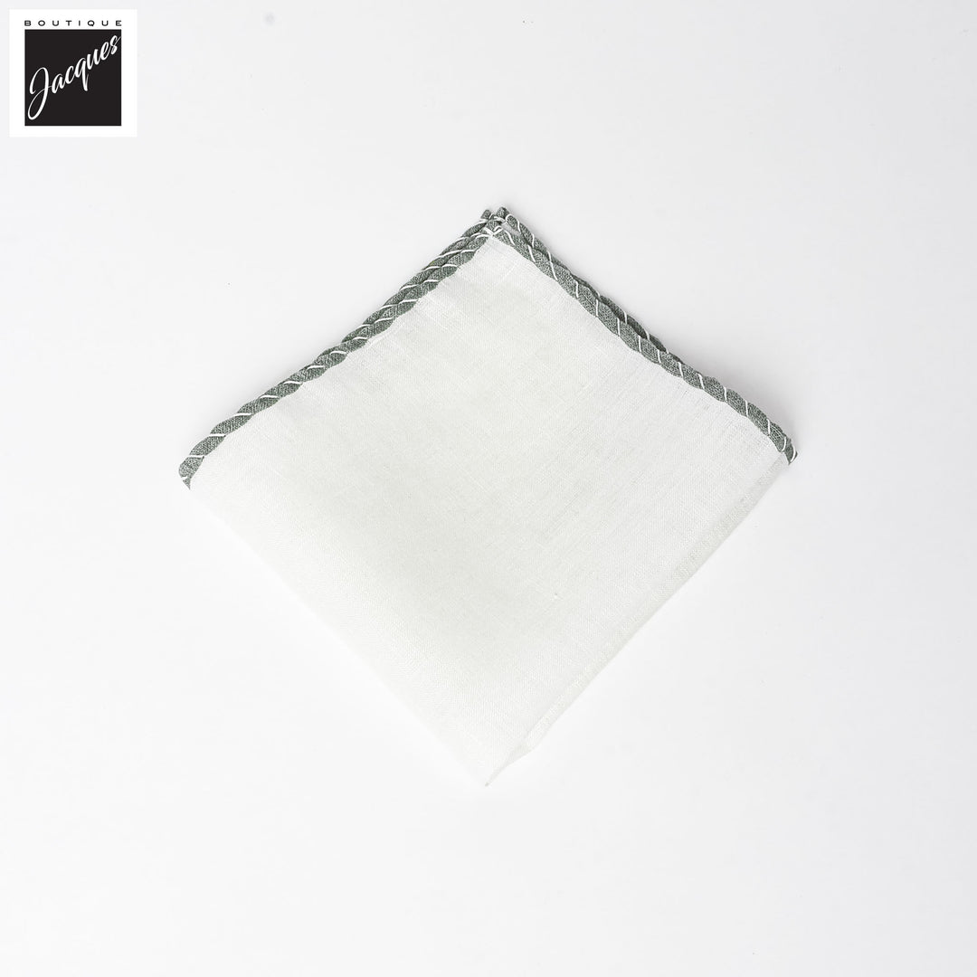 White w/ Green Contrast-Stitched Edges Linen Pocket Square - Paolo Albizzati