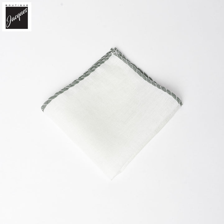 White w/ Green Contrast-Stitched Edges Linen Pocket Square - Paolo Albizzati