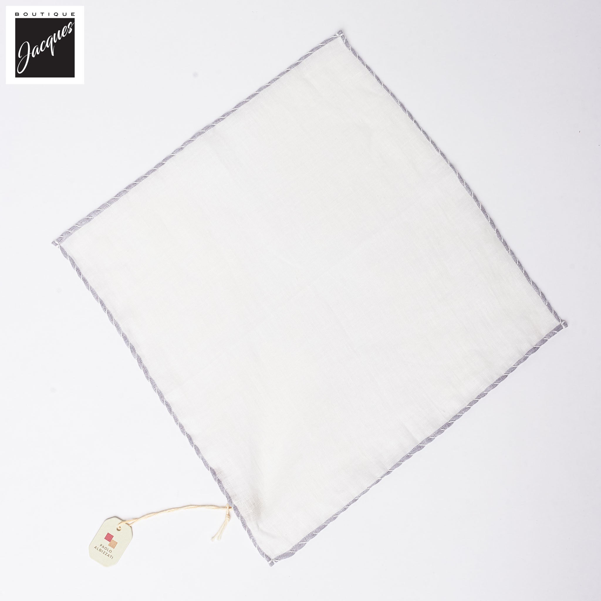 White w/ Gray Contrast-Stitched Edges Linen Pocket Square - Paolo Albizzati - Boutique Jacques International