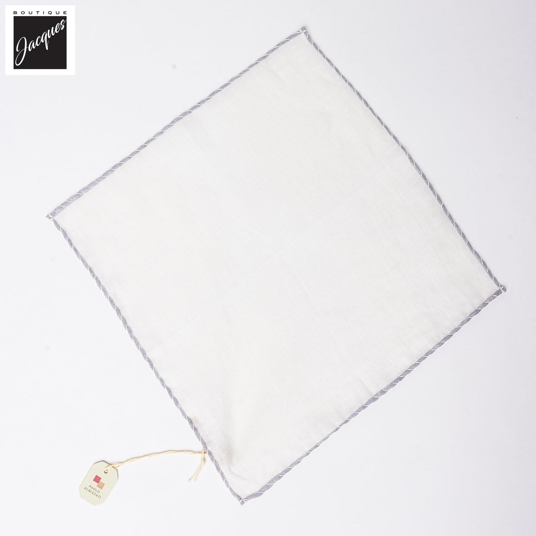 White w/ Gray Contrast-Stitched Edges Linen Pocket Square - Paolo Albizzati - Boutique Jacques International