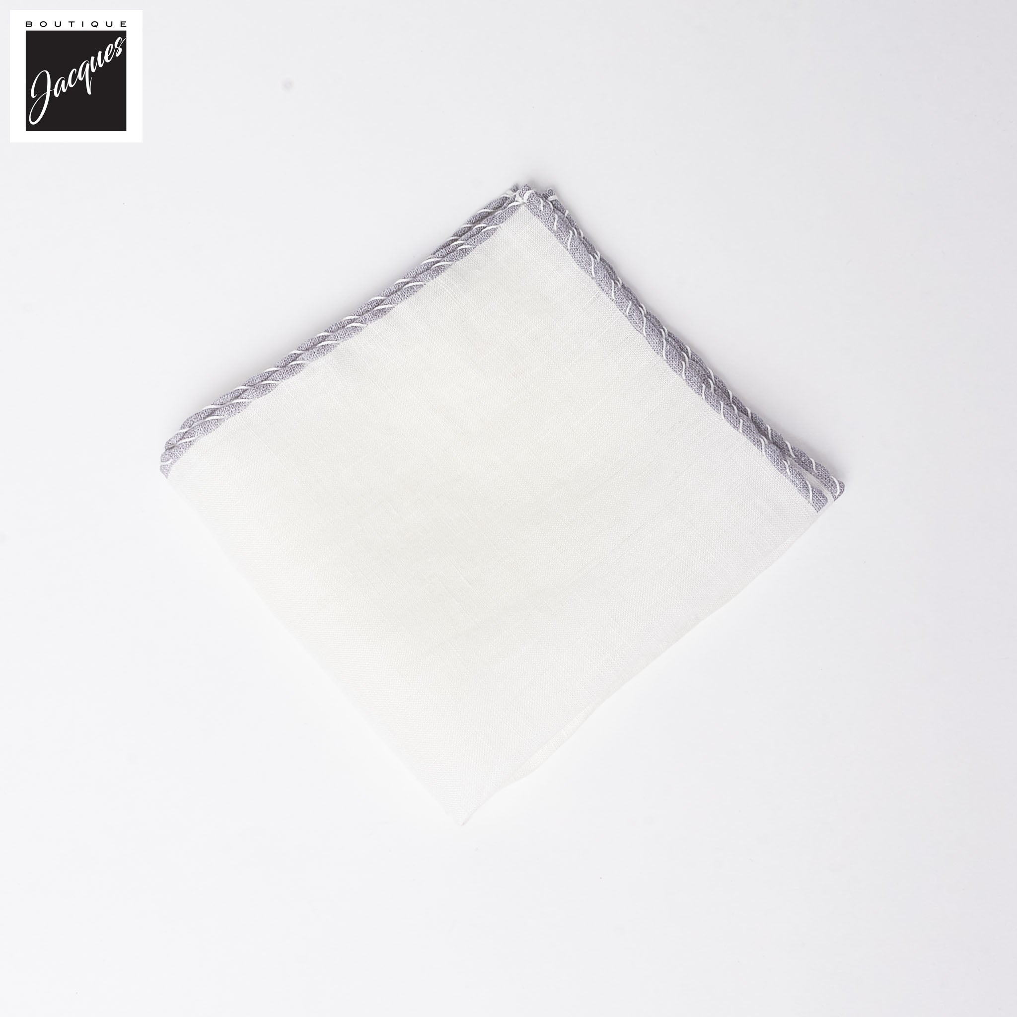 White w/ Gray Contrast-Stitched Edges Linen Pocket Square - Paolo Albizzati - Boutique Jacques International