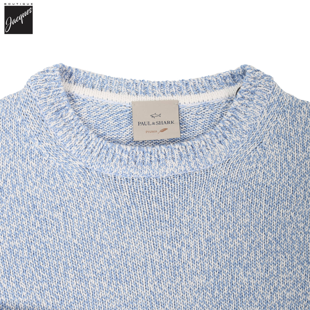 Light Blue Mélange Piuma Cotton Knit Crew Neck - Paul & Shark (RIVIERA) - Boutique Jacques International