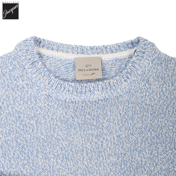 Light Blue Mélange Piuma Cotton Knit Crew Neck - Paul & Shark (RIVIERA) - Boutique Jacques International