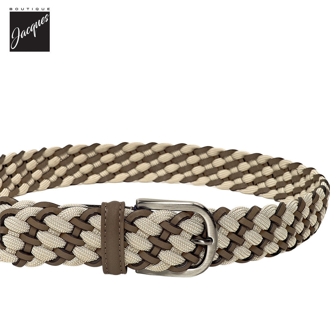 Cream Braided Elastic Belt with Brown Leather Accents - Anderson's - Boutique Jacques International