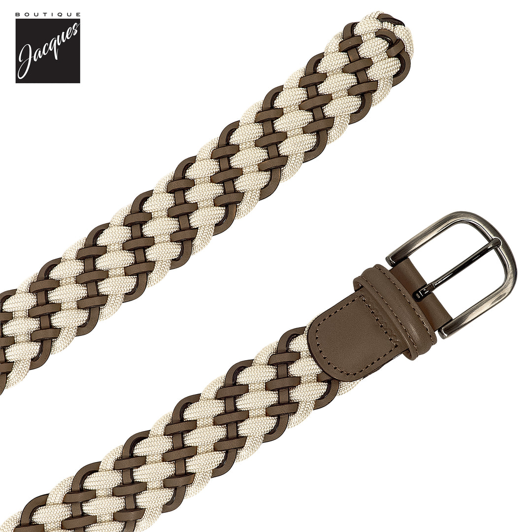 Cream Braided Elastic Belt with Brown Leather Accents - Anderson's - Boutique Jacques International