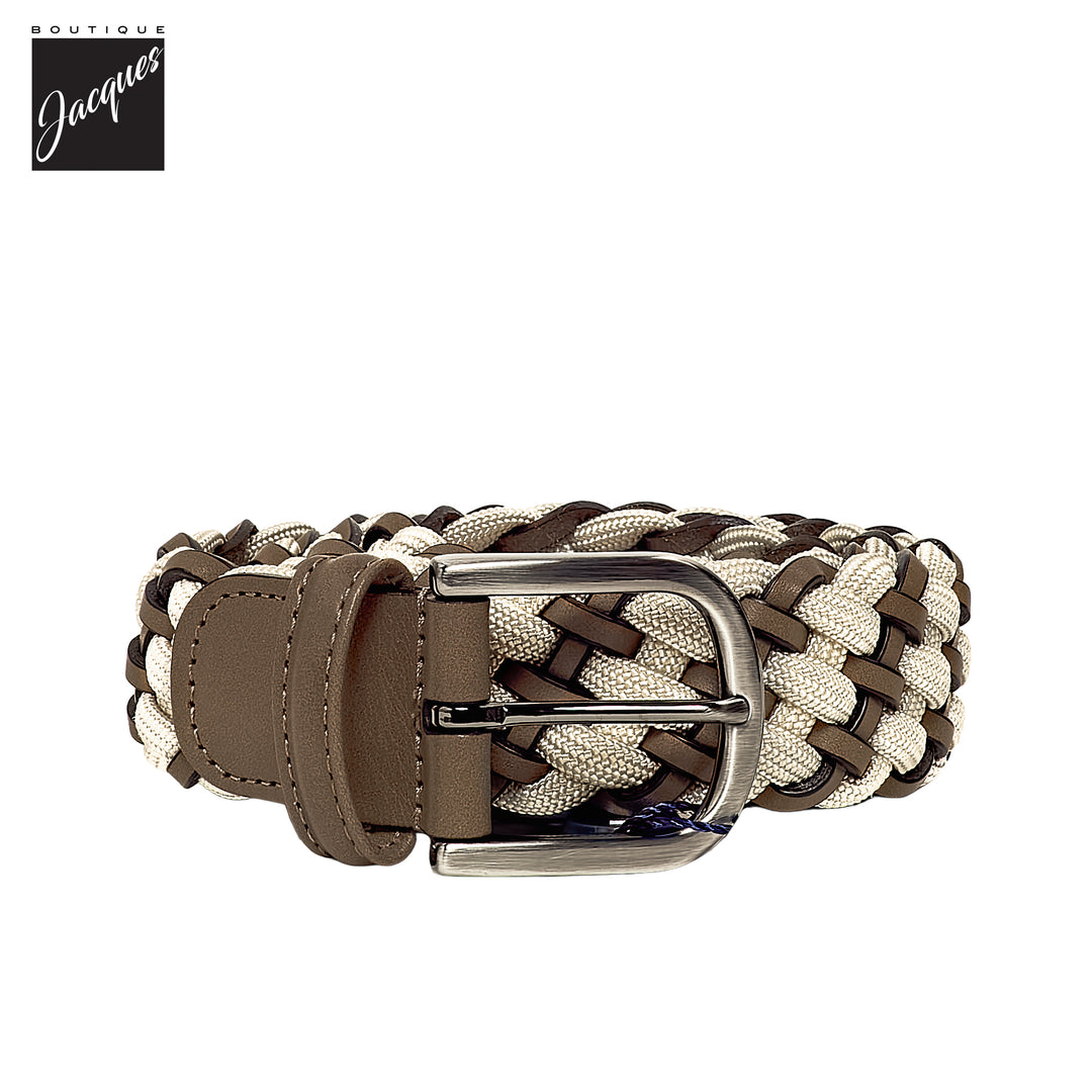 Cream Braided Elastic Belt with Brown Leather Accents - Anderson's - Boutique Jacques International