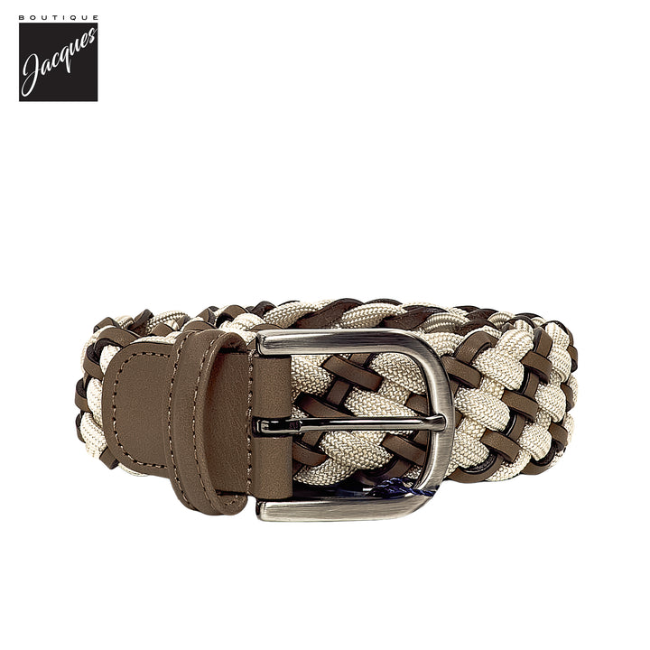 Cream Braided Elastic Belt with Brown Leather Accents - Anderson's - Boutique Jacques International