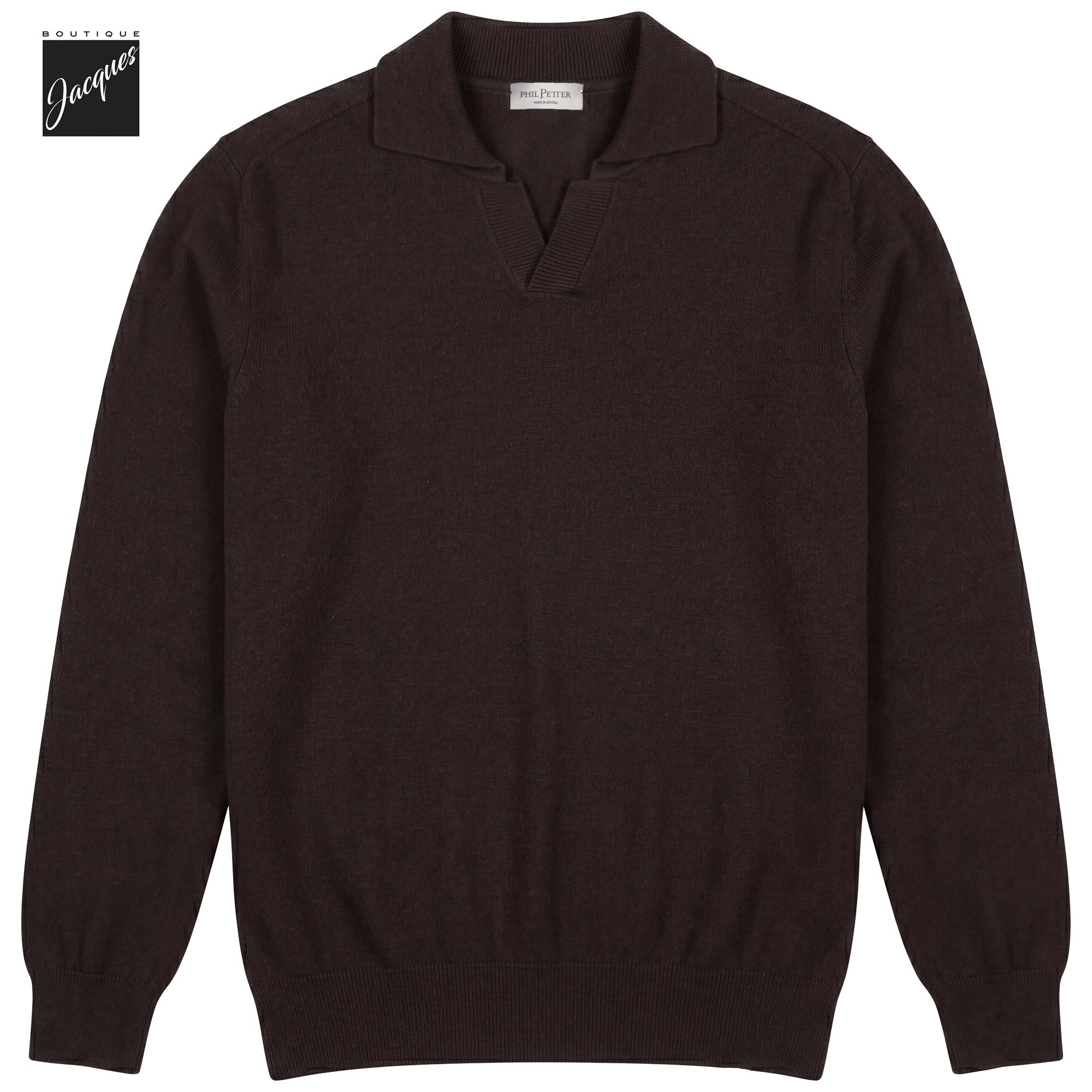 Brown Cashmere-Wool-Blend Long Sleeve Johnny Collar Polo - Phil Petter - Boutique Jacques International