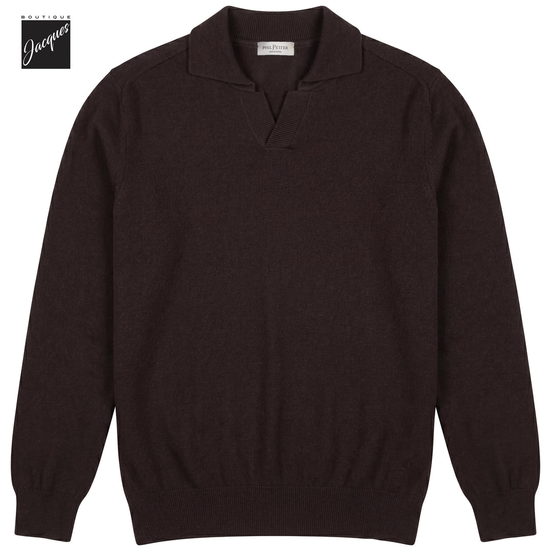 Brown Cashmere-Wool-Blend Long Sleeve Johnny Collar Polo - Phil Petter
