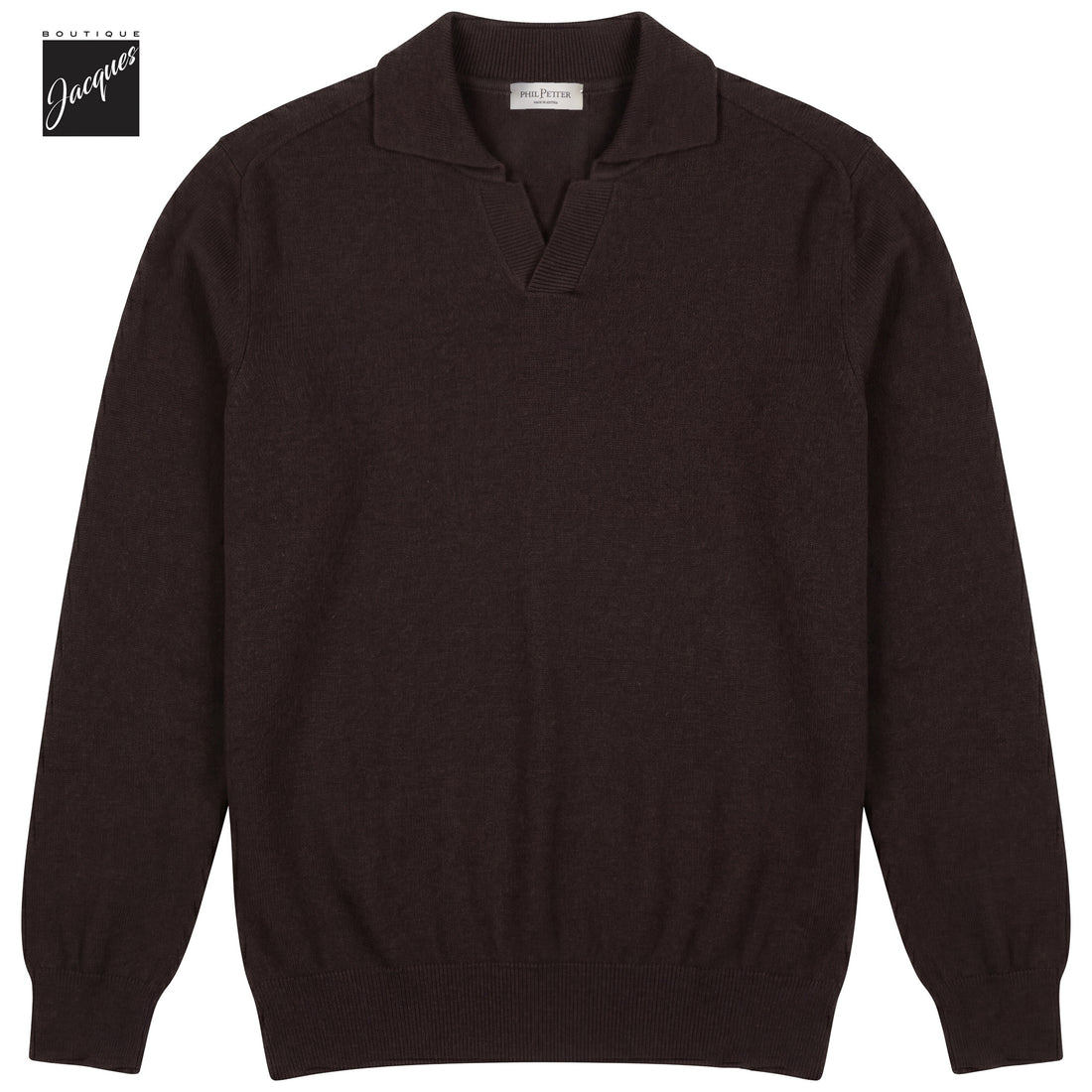 Brown Cashmere-Wool-Blend Long Sleeve Johnny Collar Polo - Phil Petter - Boutique Jacques International