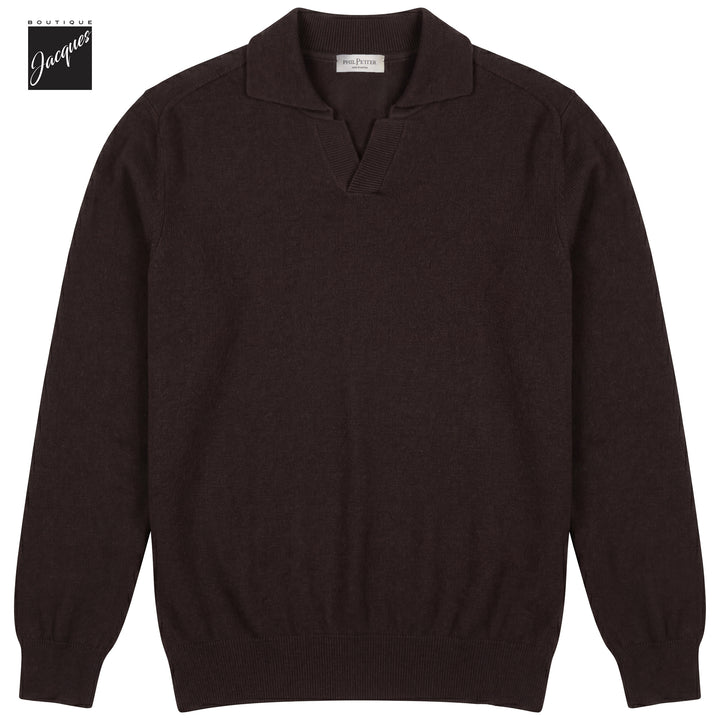 Brown Cashmere-Wool-Blend Long Sleeve Johnny Collar Polo - Phil Petter