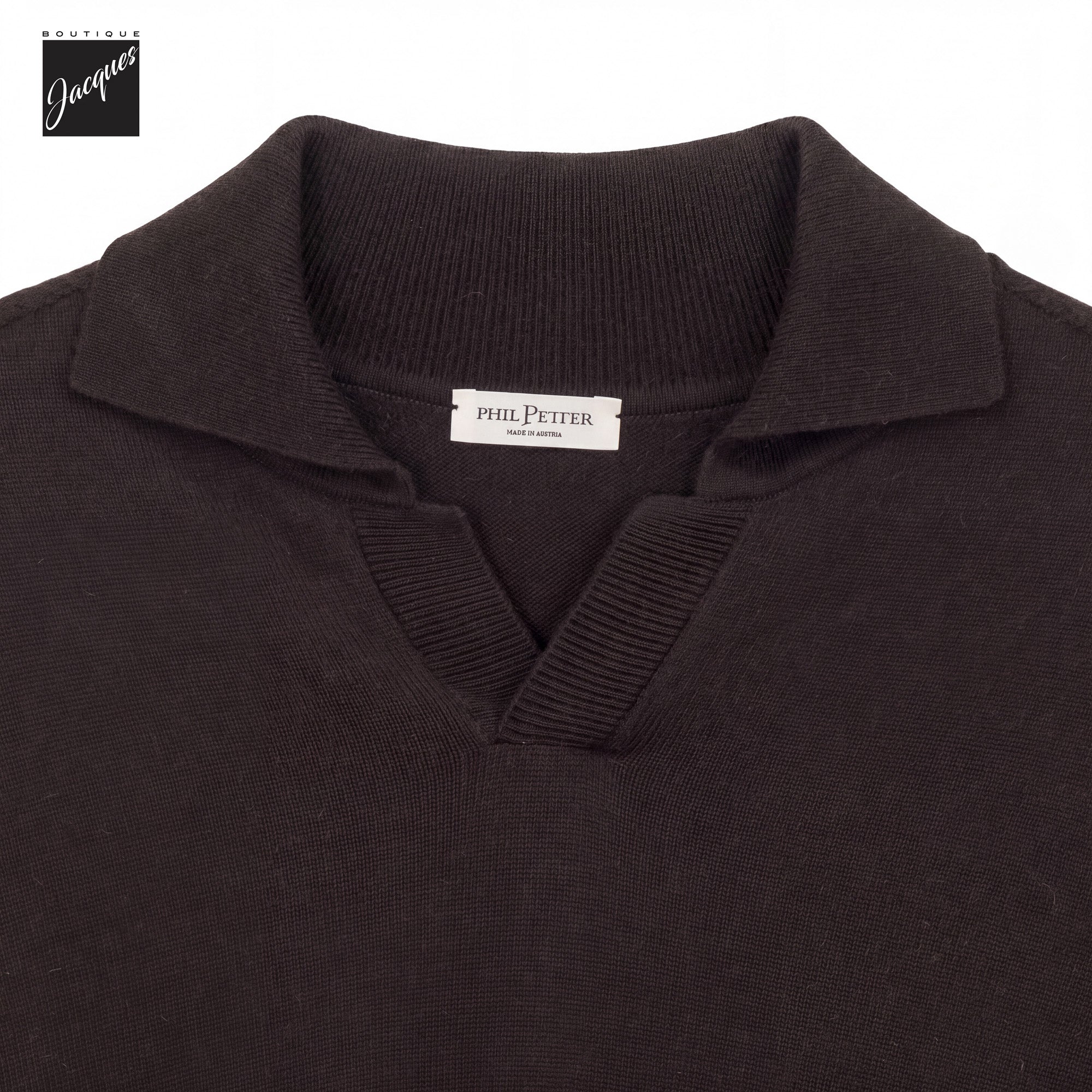 Brown Cashmere-Wool-Blend Long Sleeve Johnny Collar Polo - Phil Petter - Boutique Jacques International