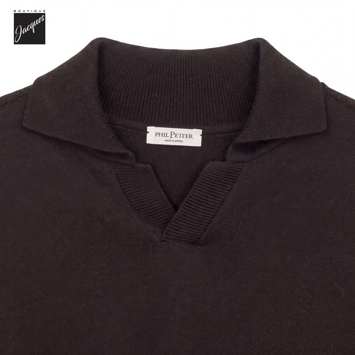Brown Cashmere-Wool-Blend Long Sleeve Johnny Collar Polo - Phil Petter