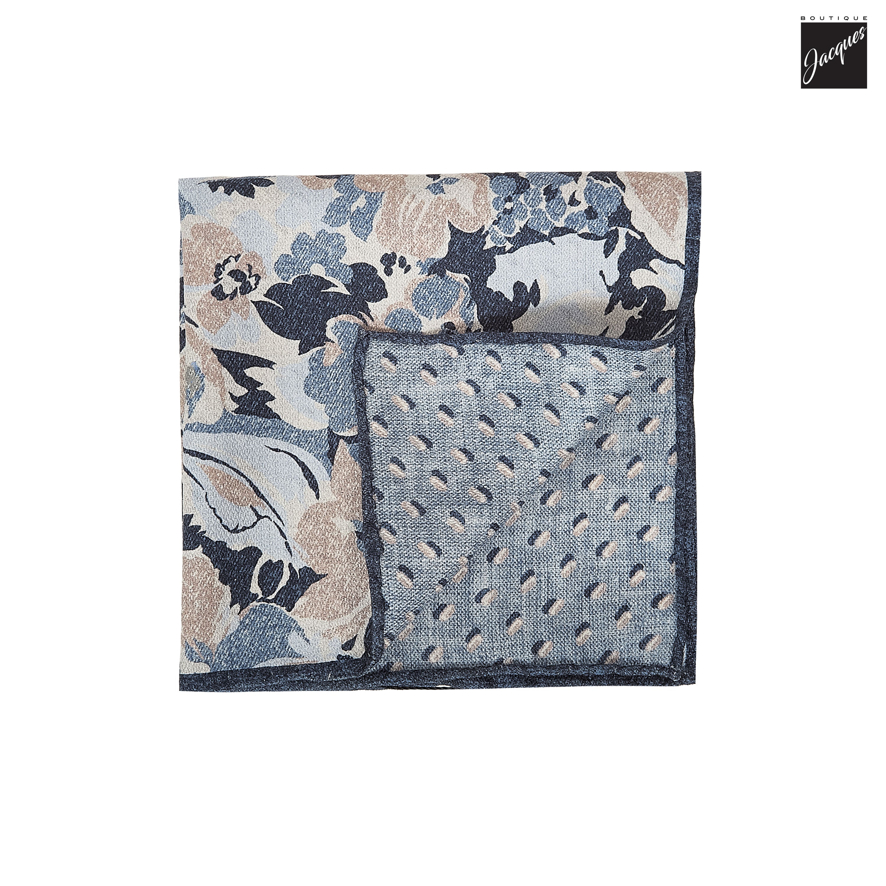 Blue Floral/Geometric Reversible Woven Silk Hankie - Paolo Albizzati - Boutique Jacques International
