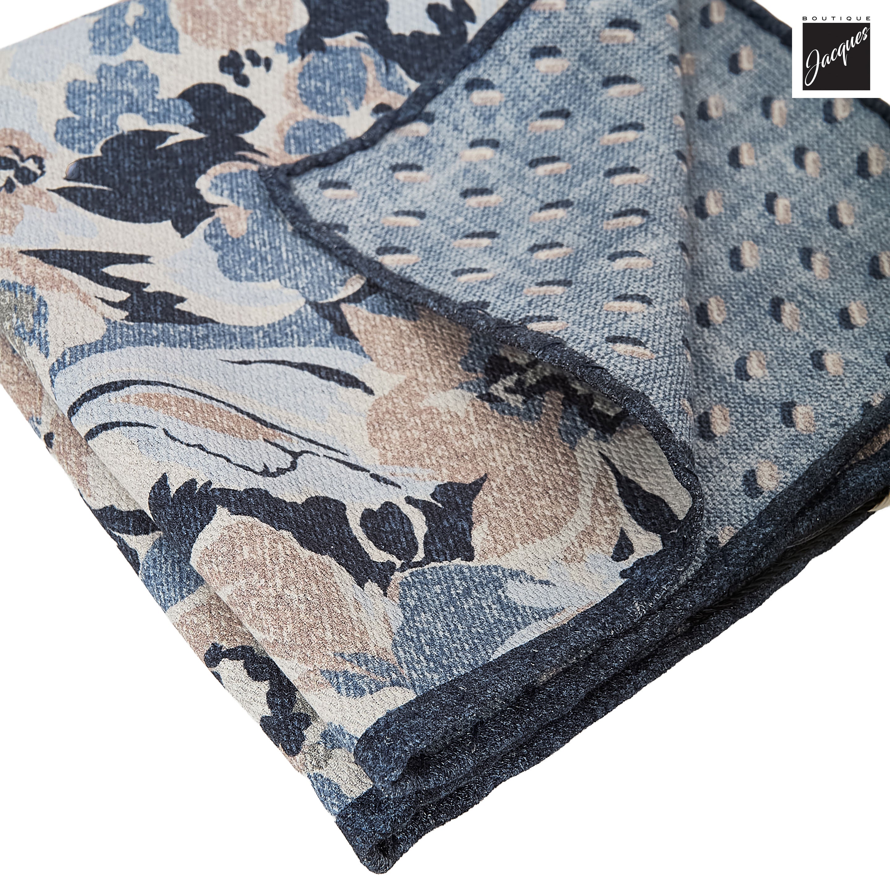 Blue Floral/Geometric Reversible Woven Silk Hankie - Paolo Albizzati - Boutique Jacques International