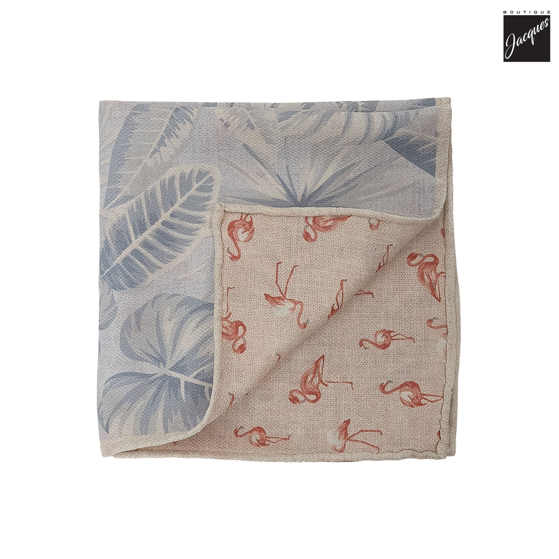 Blue & Coral Leaf/Flamingo Motif Reversible Woven Silk Hankie - Paolo Albizzati - Boutique Jacques International