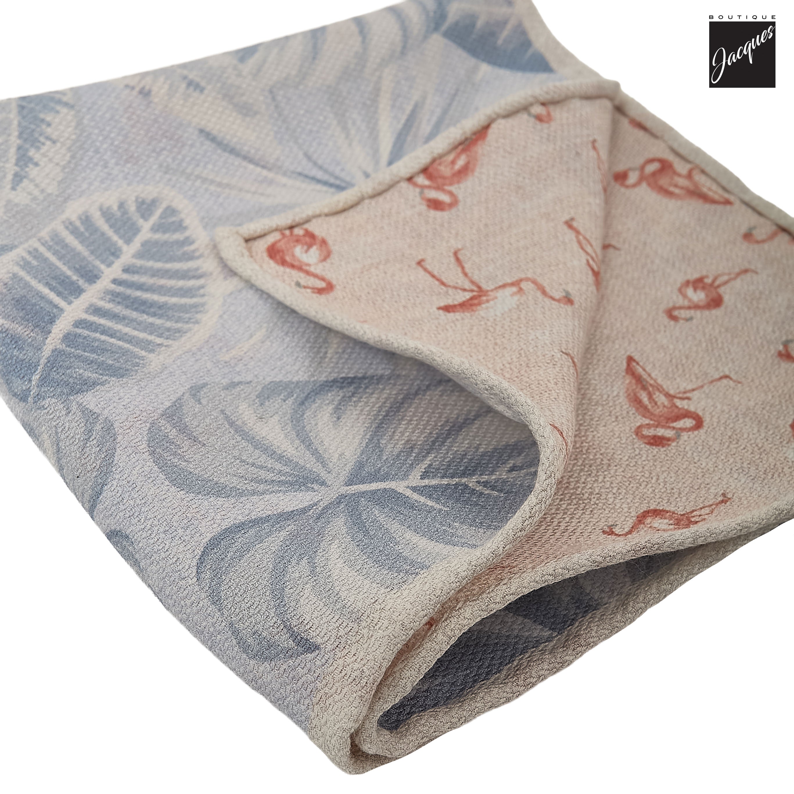 Blue & Coral Leaf/Flamingo Motif Reversible Woven Silk Hankie - Paolo Albizzati - Boutique Jacques International