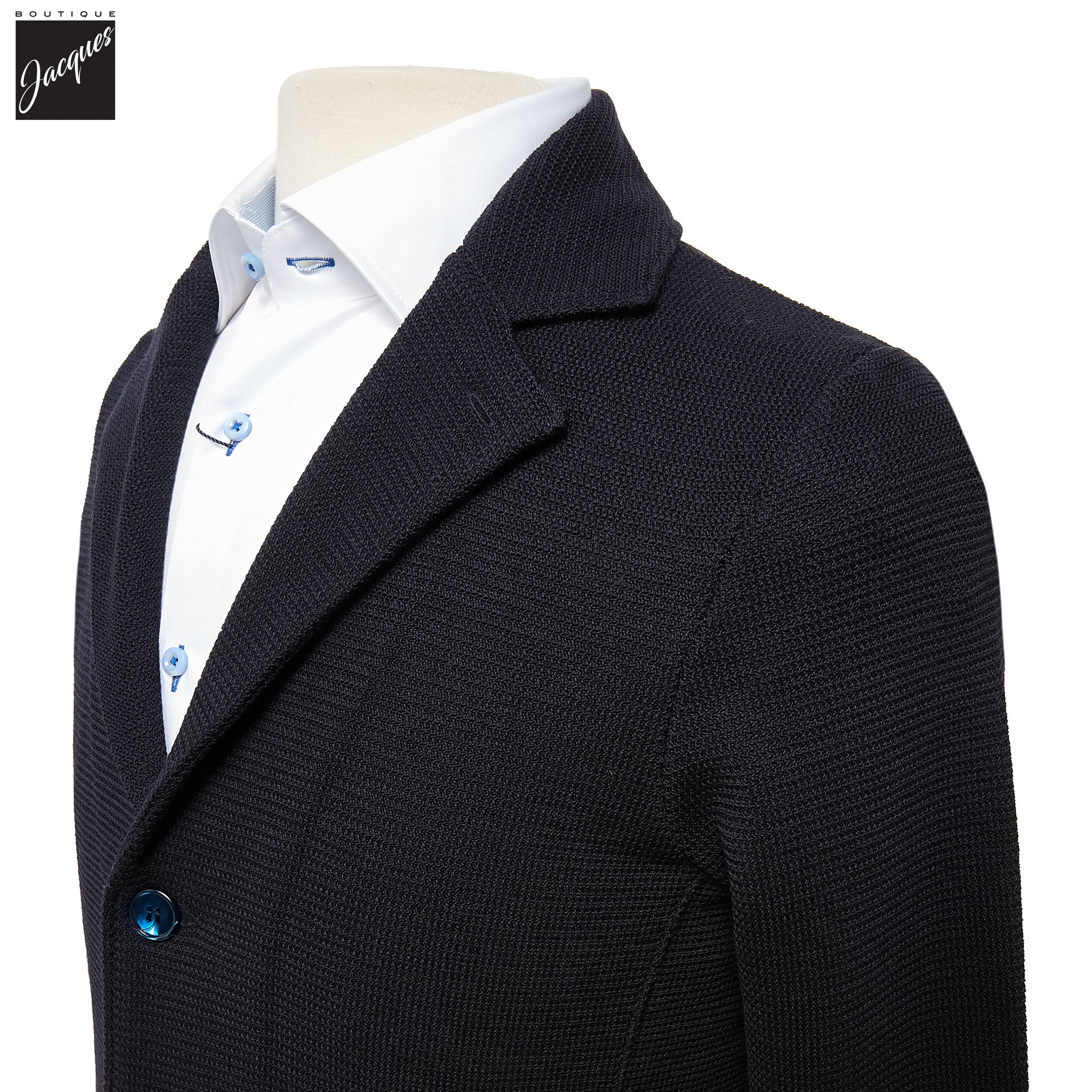 Navy Blue Merino Wool Knitted Textured Blazer Cardigan - Stenströms - Boutique Jacques International
