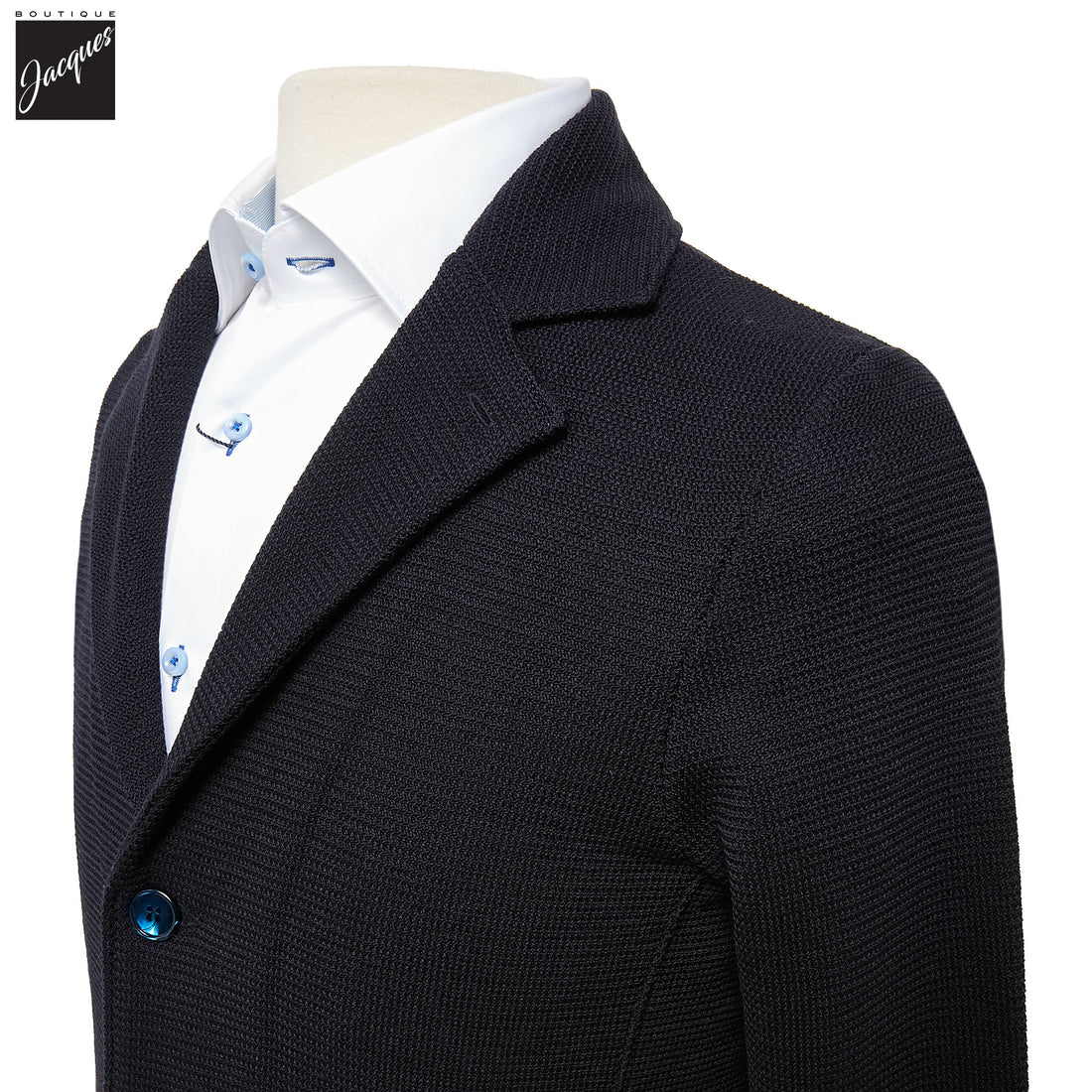 Navy Blue Merino Wool Knitted Textured Blazer Cardigan - Stenströms - Boutique Jacques International