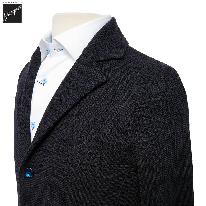 Navy Blue Merino Wool Knitted Textured Blazer Cardigan - Stenströms - Boutique Jacques International