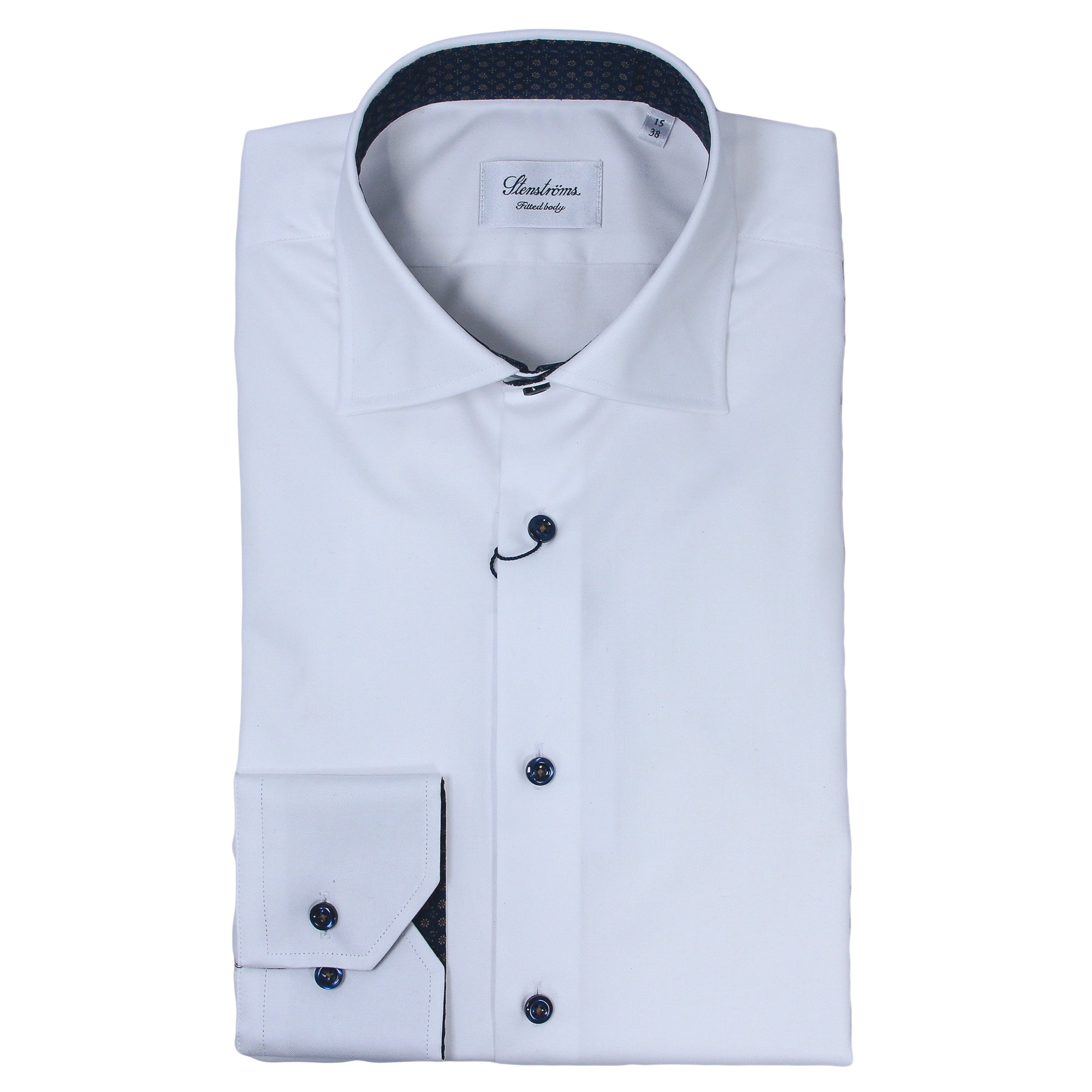 White Twill Fitted Body Shirt w/ Navy Floral Contrast - Stenströms