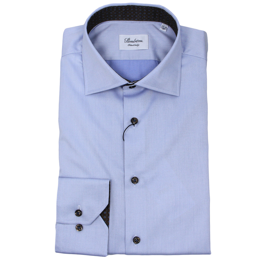 Blue Twill Fitted Body Shirt w/ Brown Floral Contrast - Stenströms